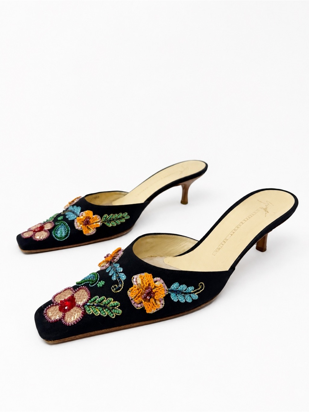 Giuseppe Zanotti Vintage Floral Beaded Satin Mule Kitten Heels Womens Size EU 38 - Picture 1 of 9